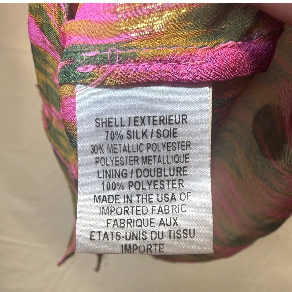 Milly of New York Silk Tie Neck Ruffle Blouse Pink Green Gold Metallic Luxe  2 - Picture 9 of 10